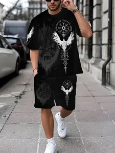 Trendy Unisex Print Short Sleeve T-Shirt Set, Casual Loose Fit Top and Shorts Two-Piece, Comfortable and Versatile