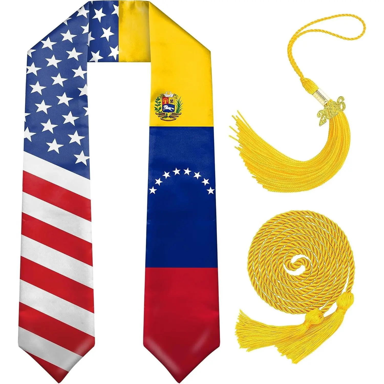 Graduation Stole Class of 2026 with Cap Tassel,and Honor Cord - Mixed Flag Graduation Sash for Graduation's Day 72"
