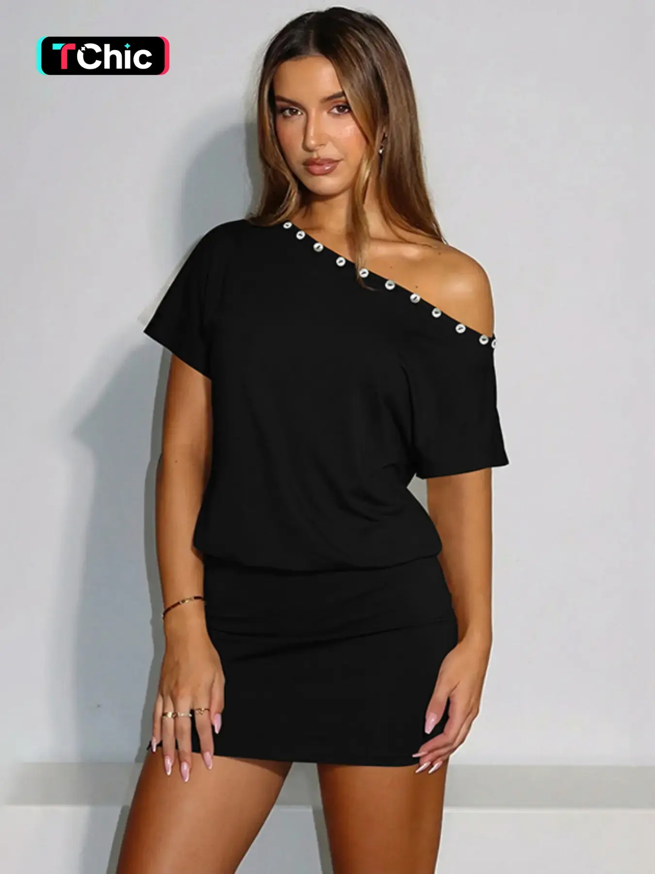 Women Summer Short Sleeve One Shoulder Party Club Bodycon Basic Mini Dress Bodycon Fit Dress Women Summer Short Sleeve One Shoulder Party Club Bodycon Basic Mini Dress Bodycon Fit Dress