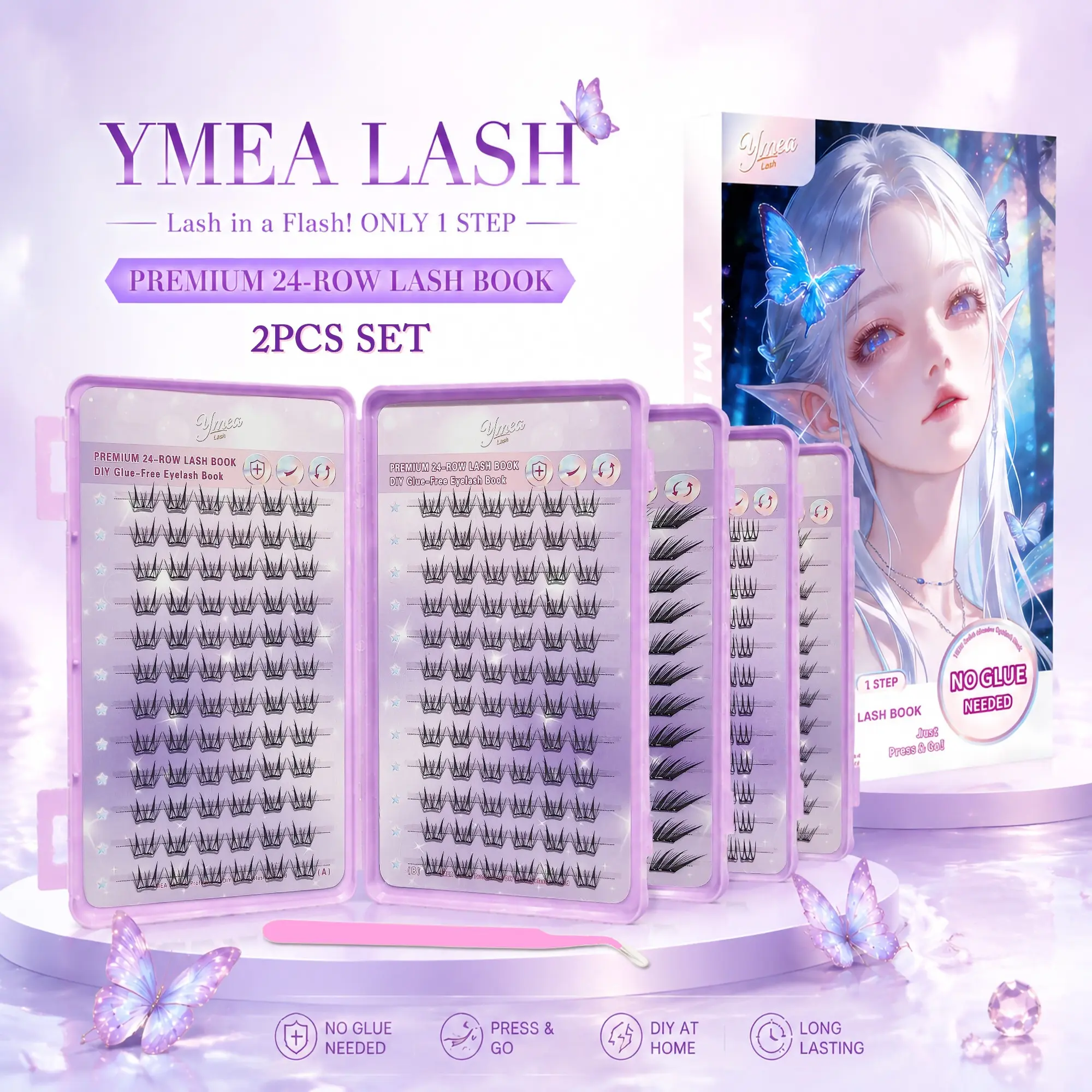 2PCS Self Adhesive Cluster False Eyelashes Set with Applicator Tweezer, Various Styles Available Natural Fluffy Wispy Volume Dramatic Manga Lashes, No Glue Needed Pre-Glued Lash Extensions, Reusable Lightweight Stick On Lashes, Quick Apply & Easy Remove