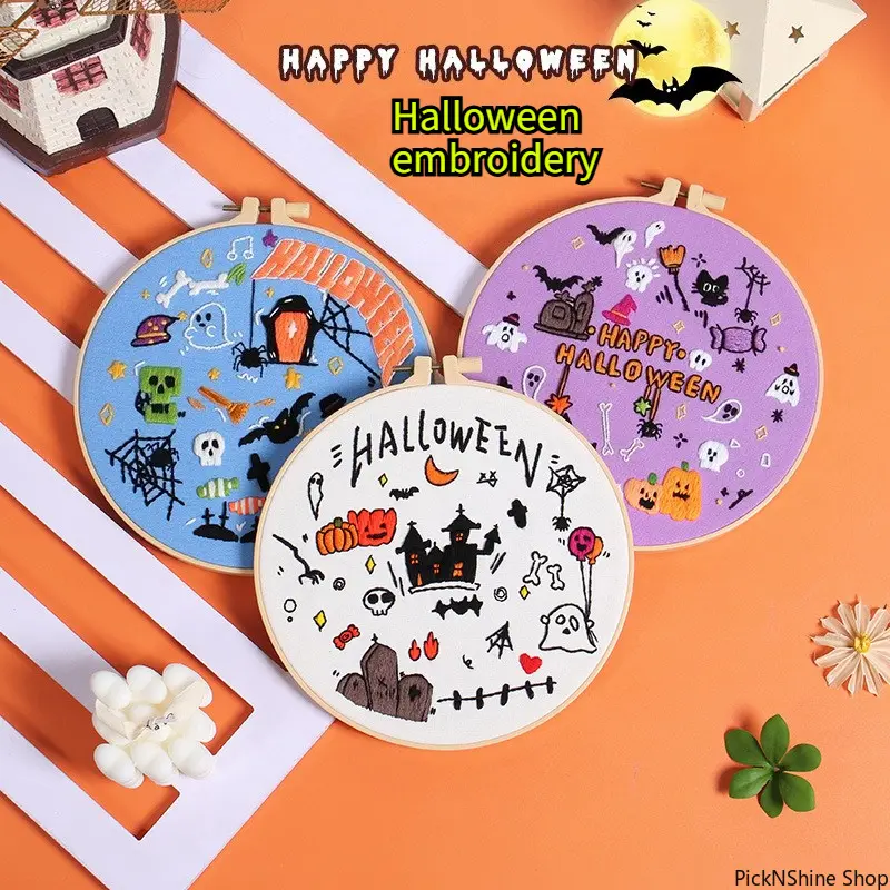 3D Halloween Cross Stitch DIY Kit - Synthetic Fabric, Spooky Pumpkin, Ghost, Bat Designs - Hand Embroidery Project for Adults & Beginners (Fashion Accessory Set)