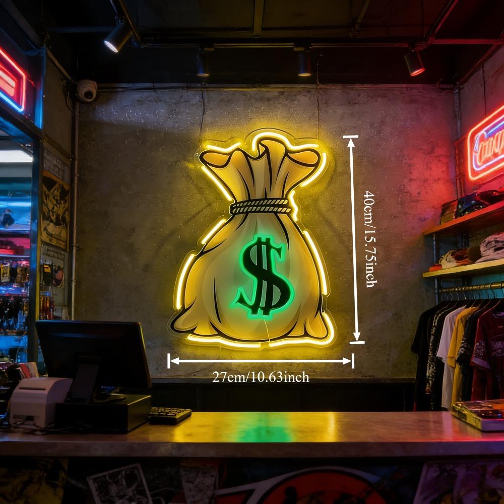 Money Bag Dollar Sign Neon Sign, USB Powered Dimmable Warm Yellow Green LED Neon Light, Money Themed Wall Decor for Man Cave Bar Game Room Office, Wealth Motivational Gift for Entrepreneurs Gamers Guys, size: 40 x 27 cm