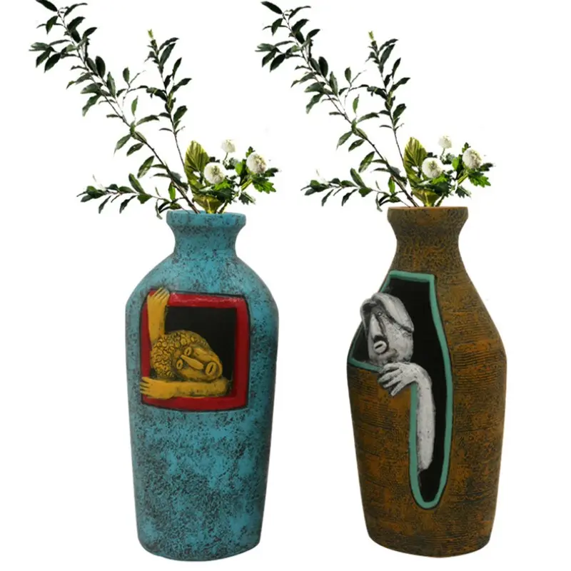 Abstract Hollow Out Portrait Vase Resin Ornament, Vintage Primitive Style Sculpture, Creative Living Room Desk Decor Craft