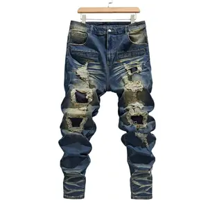 Men's Plus Size Blue Baggy Jeans Heavy Distressed Ripped Patchwork Streetwear Loose Fit Denim Pants