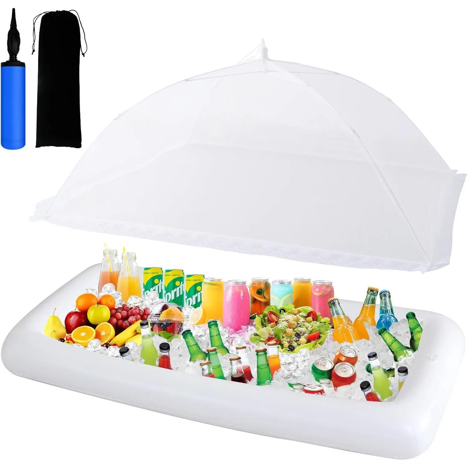 Inflatable Serving Bar & Mesh Food Covers Set, Party Supplies for Picnics Pool Bar Outside Include 1Pcs 53"*25" Inflatable Serving Bar Buffet Cooler, 1Pcs 40"*24" Food Tents