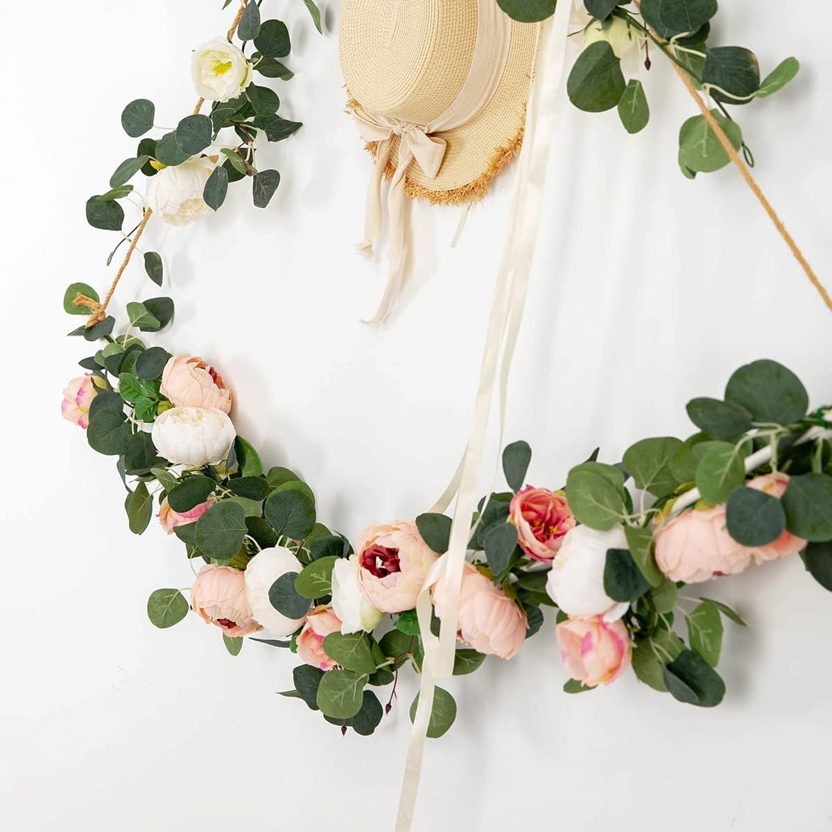3-Pack 11.2FT Handmade Faux Eucalyptus & Peony Flower Garlands, Pink & White Silk Floral Vine for Wedding Arch, Table, Wall Decor