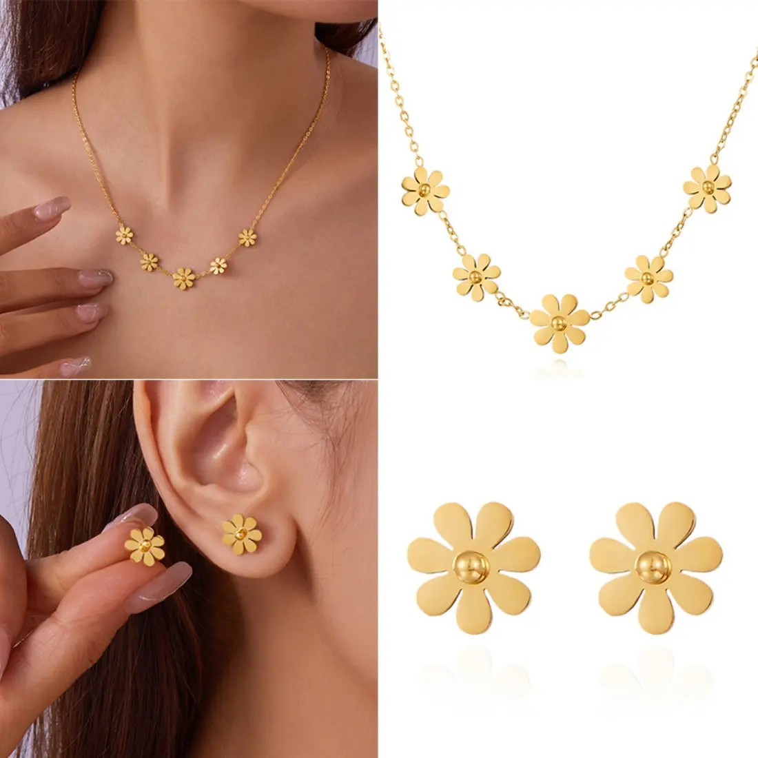 Small Daisy Necklace for Women, Minimalist Stainless Steel Hollow Flower Pendant, Elegant Versatile Chain for Everyday Wear, Party, and Gifting, Cowhide, Flowers, Floral Fashion Accessory Sets, Casual, Daily, Leather, Female