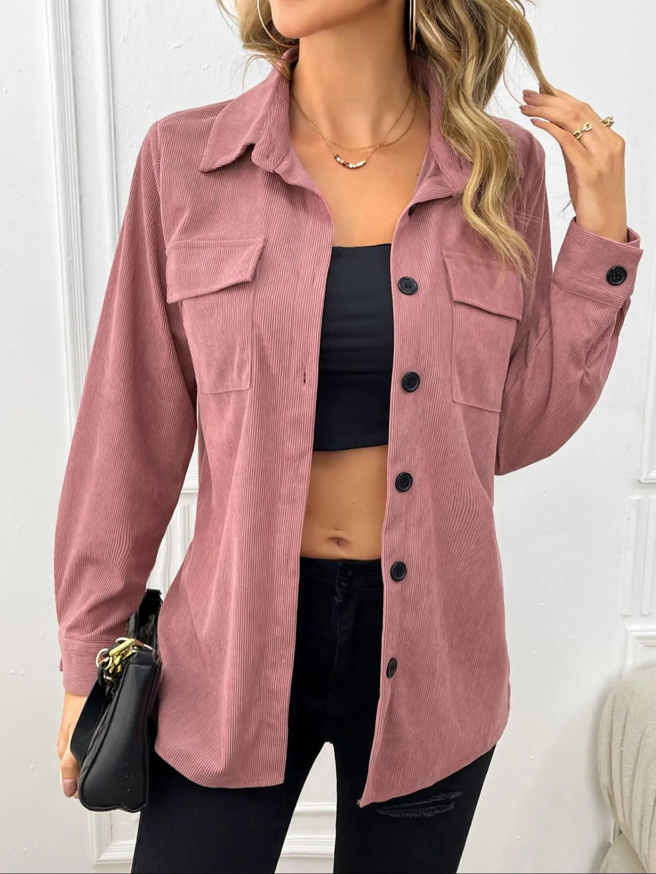 Women's Basic Plain Button Front Pocket Corduroy Blouse Shirts, Casual Long Sleeve Collared Top for Fall & Winter, Women's Clothing for Everyday Daily Wear