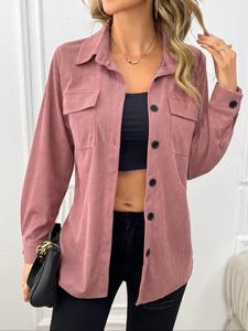 women's plain button front pocket corduroy blouse, casual long sleeve collared top for fall & winter, women's clothing for daily wear, womenswear