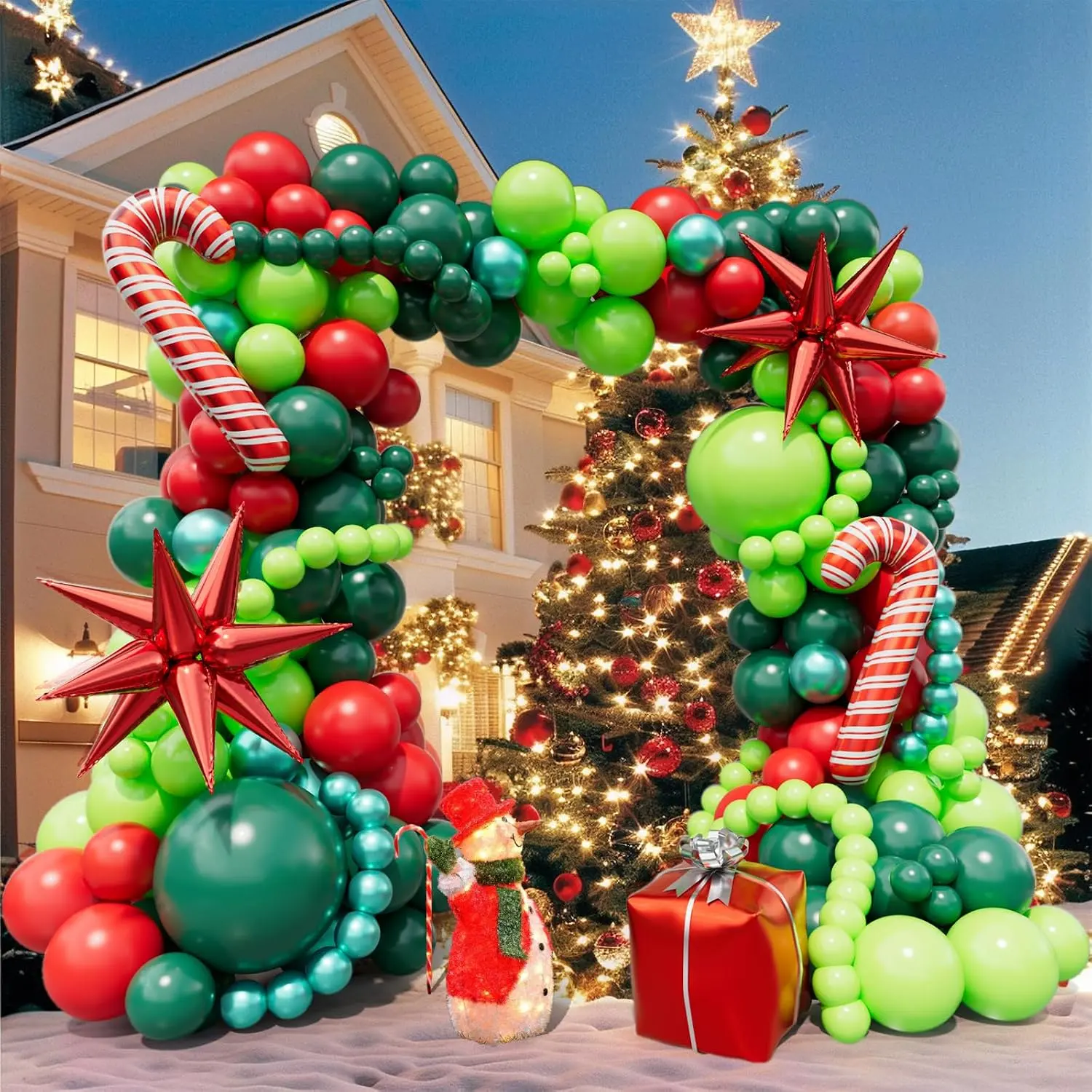 183 count Christmas Balloon Garland Arch kit with Christmas Red Lime Dark Green Metallic Green Balloons Candy Cane  Box Explosion  Foil Balloons for Xmas Party Decorations