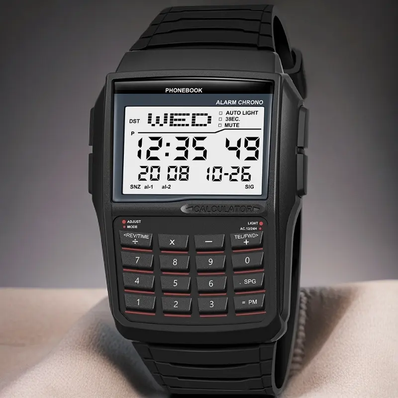 Retro Electronic Smart Watch for Students - 41.8mm Square Digital Wearable with Built-in Calculator, Phonebook, Luminescent LCD, 30M Waterproof Plastic-Silicone Band for Casual Sports Use, Wearable Tech