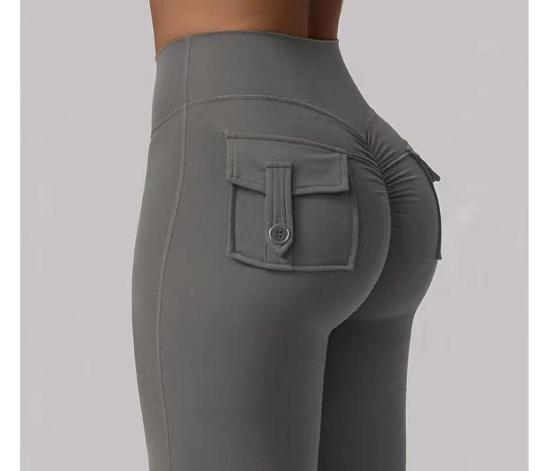 Super Elastic Faux Nylon Seamless Sports Fitness Cargo Pants for Women High Waist Tummy Control Nine-Point Long Pants in Black