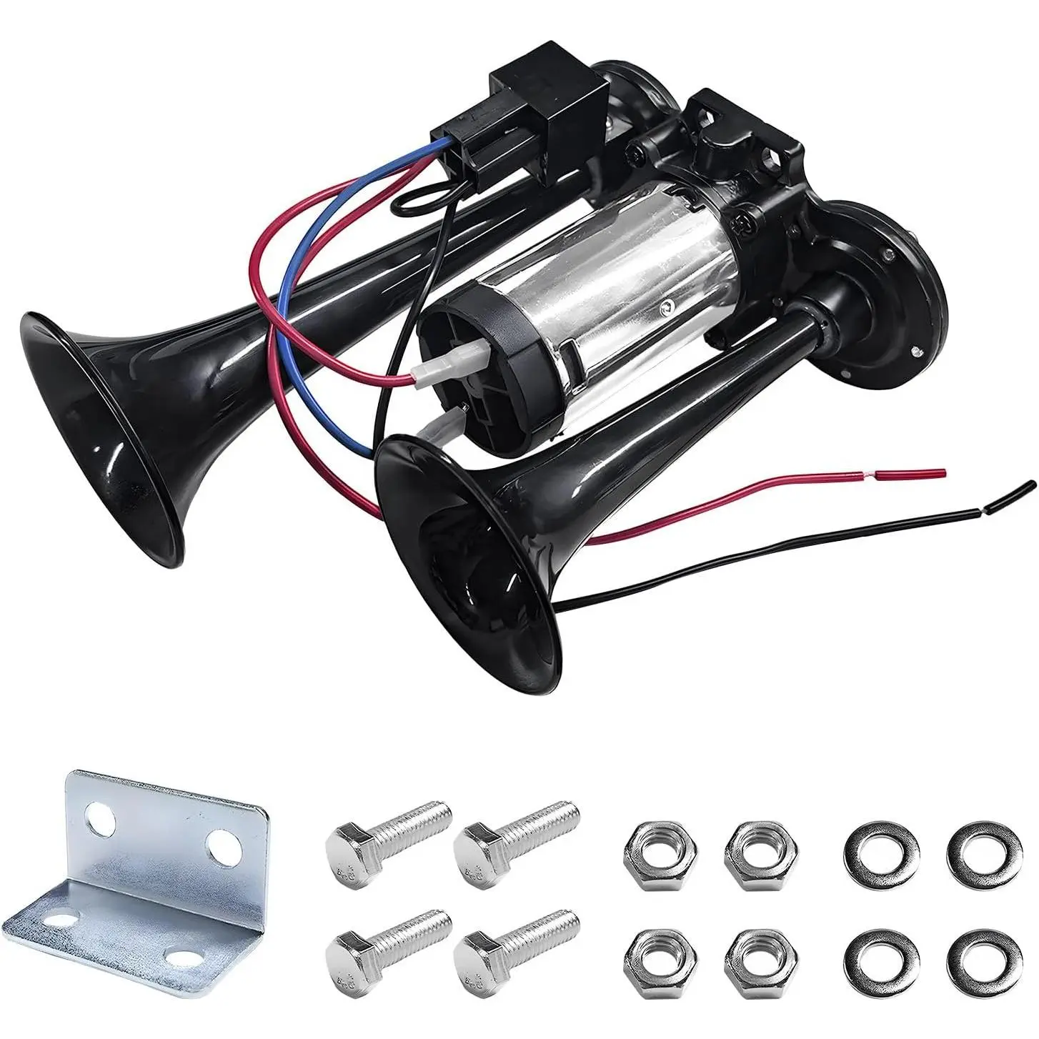 12V 120dB Car Air Horn, Super Loud Dual Trumpet Train Horn Kit with Compressor, Heavy Duty Waterproof Warning Horns for Trucks Cars SUVs Motorcycles, Car Accessories (Black & White)
