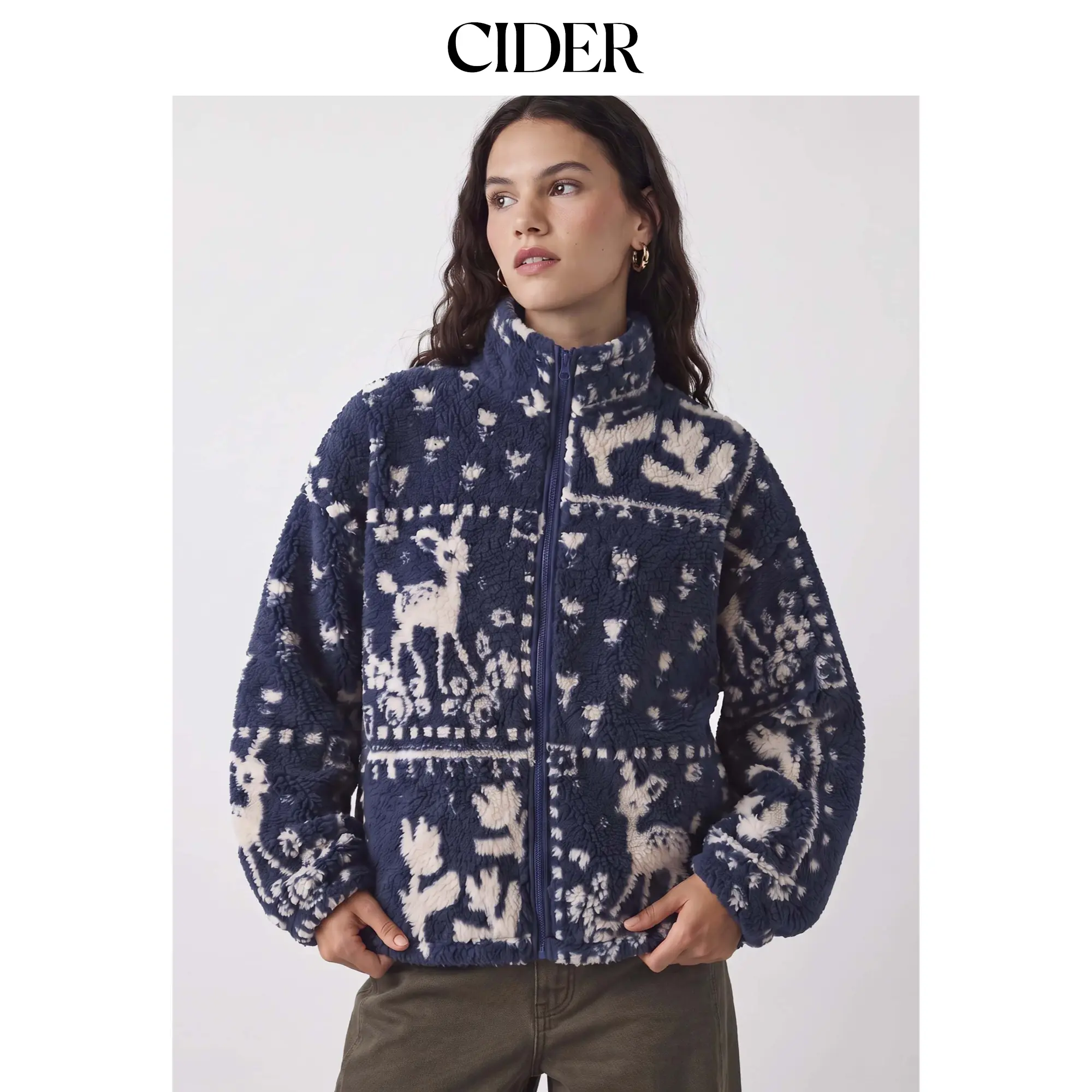Cider Deer Graphic Jacquard Stand Collar Zip Through Oversized Fleece Jacket