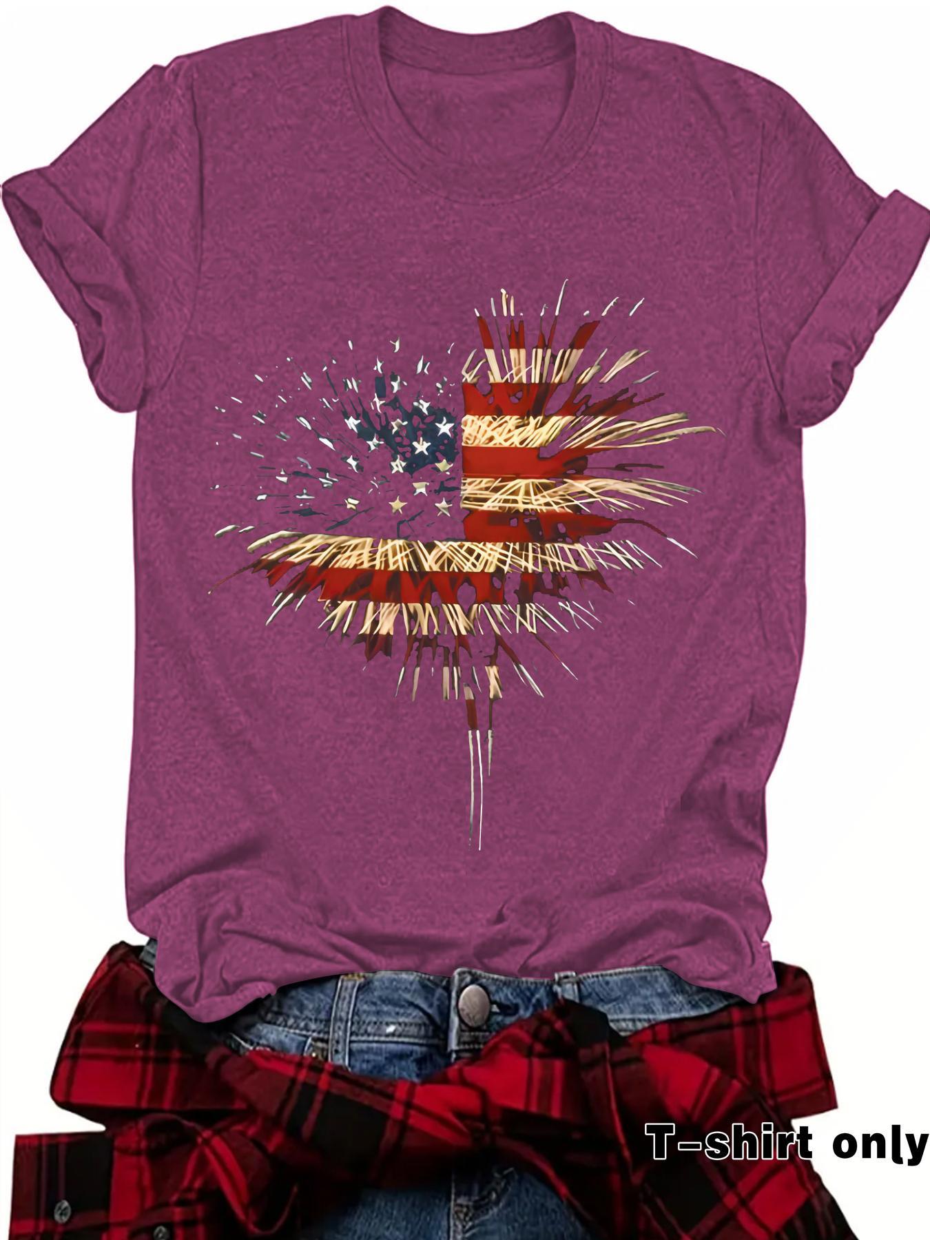 Women's American Flag & Fireworks Print Round Neck Tee, Casual Short Sleeve Crew Neck T-Shirt for Spring, Fashion Women's Top for Daily Wear, Casual Comfy Tee