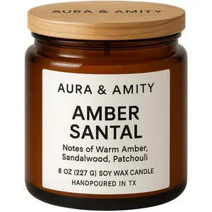 Amber Santal Soy Candle (8 oz) Notes of Cypress, Nutmeg, Sandalwood, Amber- Hand-Poured in USA | Soy Wax Candle for Home Decor, Relaxing Aroma | Gift for Home