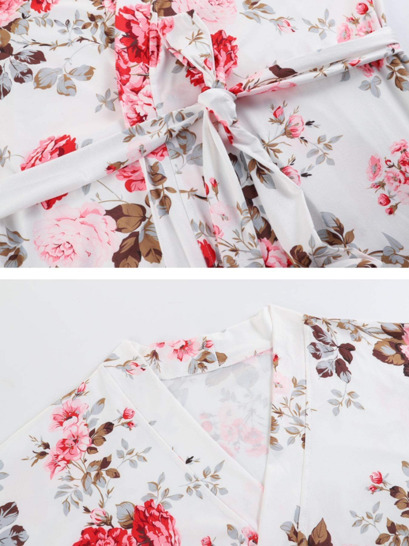 Women's All Over Floral Print Pajama Set, Long Sleeve Open Front Outwear & Pants & Cami Top, Casual Comfy Fitted Sleepwear Set for Women, Loungewear, Knit, Camisole Women's All Over Floral Print Pajama Set, Long Sleeve Open Front Outwear & Pants & Cami Top, Casual Comfy Fitted Sleepwear Set for Women, Loungewear, Knit, Camisole