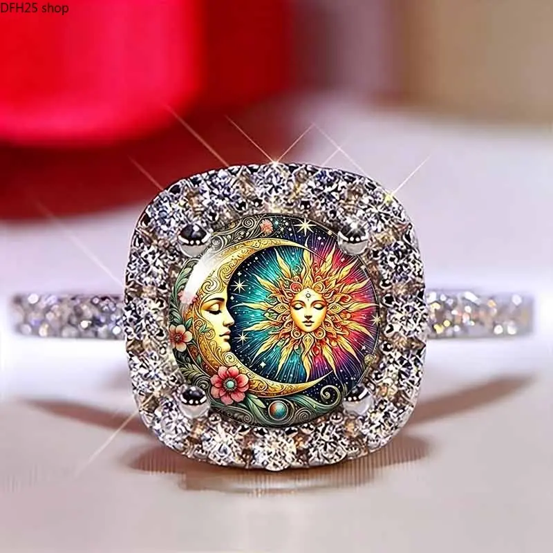 Celestial Sun Moon Star Ring With Rhinestone Crystal Frame, Vintage Inspired Statement Jewelry For Women And Men, Artistic Adjustable Finger Ring For Daily Wear And Special Occasions