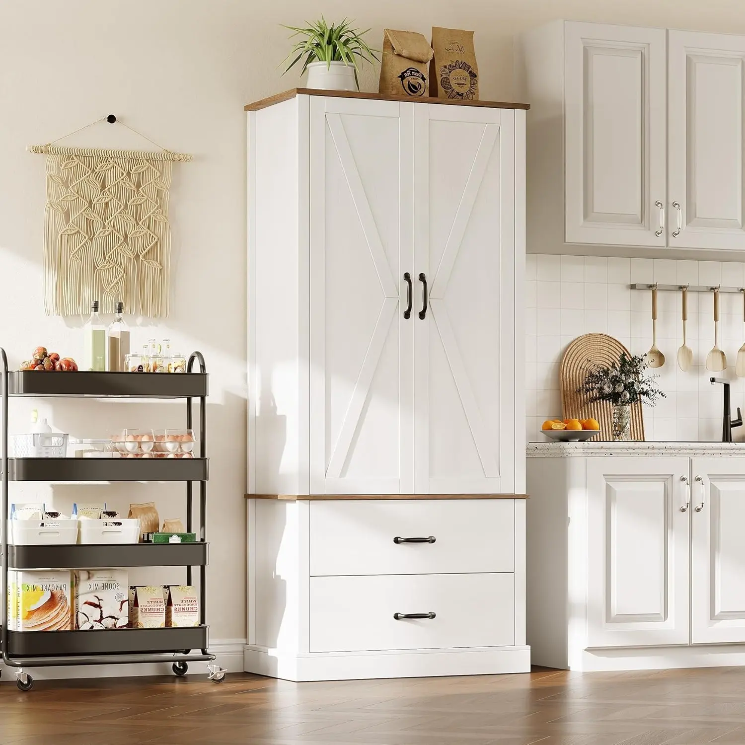 Gaomon Kitchen Pantry Cabinet - Farmhouse Style Home Freestanding Tall Hutch with Barn Doors, Drawer, 2 Adjustable Shelves, Microwave Stand, Engineered Wood, Easy Setup for Pantry Organization, White, Sturdy Base