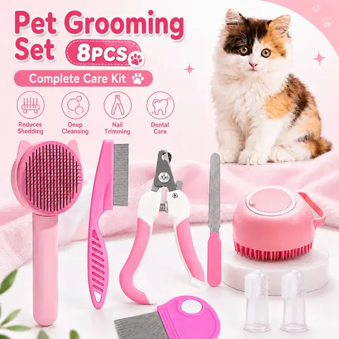 8-Piece Pet Grooming Kit, Poodle Grooming Kit, Dog Cat Brush Comb Set, Nail Clipper, Flea Comb, Bath Brush, Toothbrush, Blue/Pink Pet Care Tools
