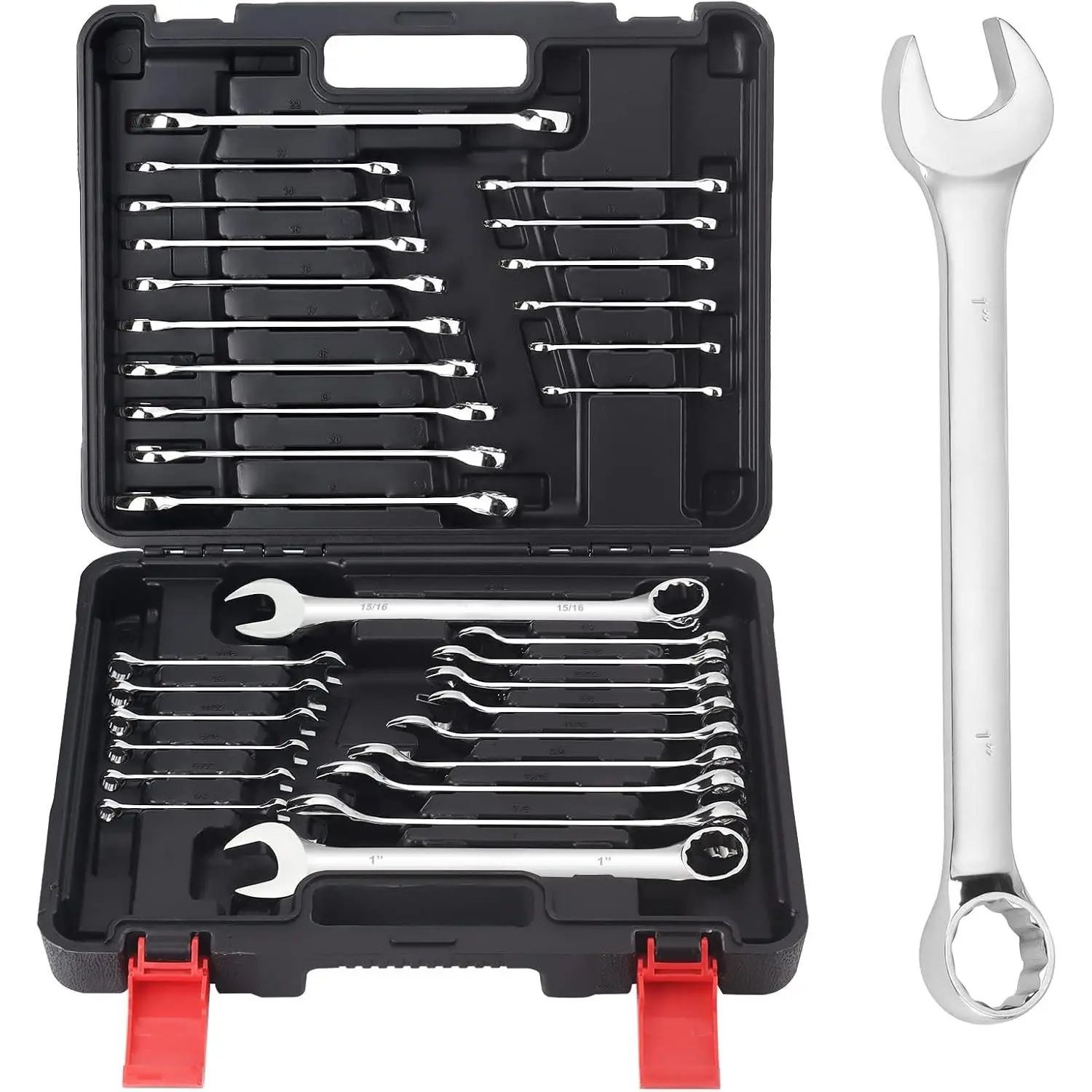 32- Combination Wrench Set, SAE and Metric 1/4"-1" & 7mm-22mm Wrenches Chrome Vanadium Steel Box End and Open End Standard Wrench Set with Case