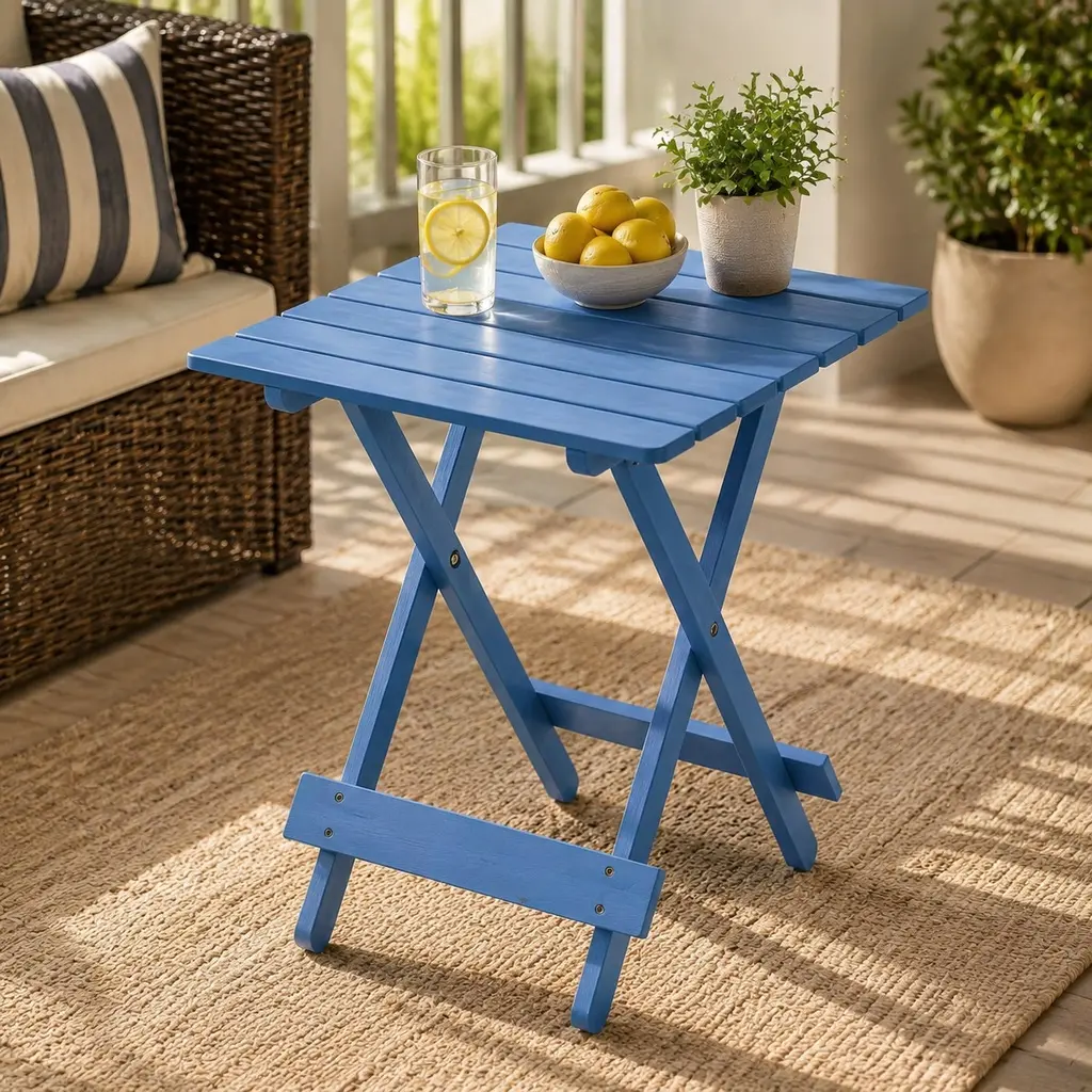 Portable Foldable Square Solid Wood Outdoor Dining Table - 19.75x19.75x19.75 Inches, 7.05 Lbs, Weather Resistant, Sturdy X-Frame Base, Fully Assembled, Space-Saving Garden Table for Backyard, Balcony, Blue
