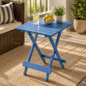 Portable Foldable Square Solid Wood Outdoor Dining Table - 19.75x19.75x19.75 Inches, 7.05 Lbs, Weather Resistant, Sturdy X-Frame Base, Fully Assembled, Space-Saving Garden Table for Backyard, Balcony, Blue