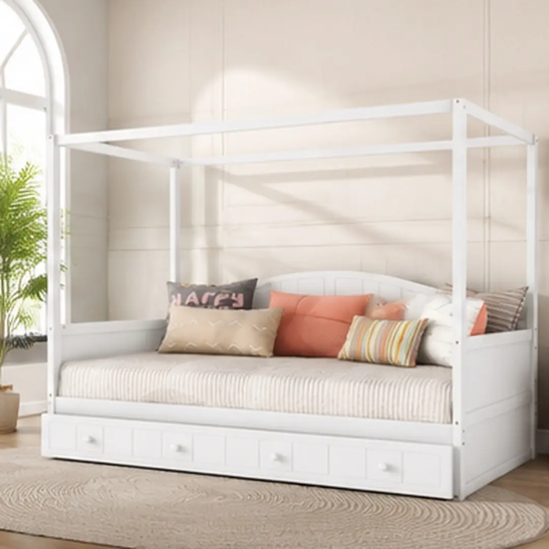 ARCH Twin Size Modern Canopy Day Bed with Pull-Out Trundle, Solid Wood+MDF, White/Gray, Built-In Backrest, Creative Canopy Play, Superior Build Quality, Assembly Required, Kids Guest Room Bed Frame, 77.6L x 41.3W x 66.1H in