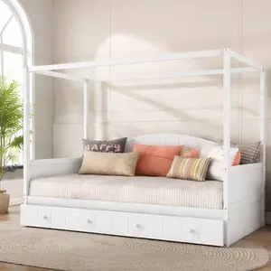 ARCH Twin Size Modern Canopy Day Bed with Pull-Out Trundle, Solid Wood+MDF, White/Gray, Built-In Backrest, Creative Canopy Play, Superior Build Quality, Assembly Required, Kids Guest Room Bed Frame, 77.6L x 41.3W x 66.1H in