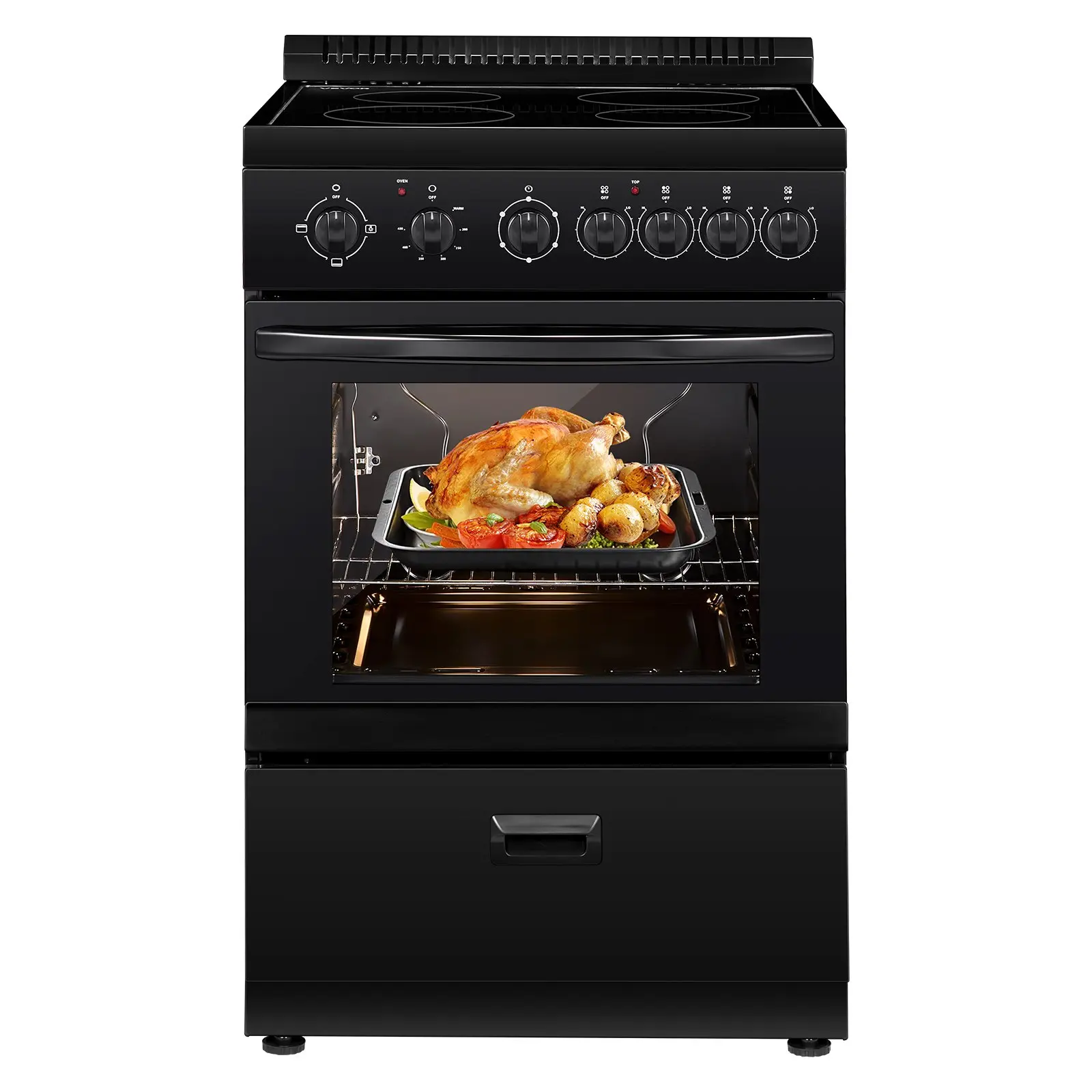 VEVOR 24-in Stainless Steel Compact Freestanding Electric Range Oven, 2.7 Cu. Ft. Capacity Kitchen Appliance with 4 Burners, Easy Reach Rack, Storage Drawer, Drip Pan, Indicator Light, Timer (No Power Cord) for Contemporary Large Family Meals