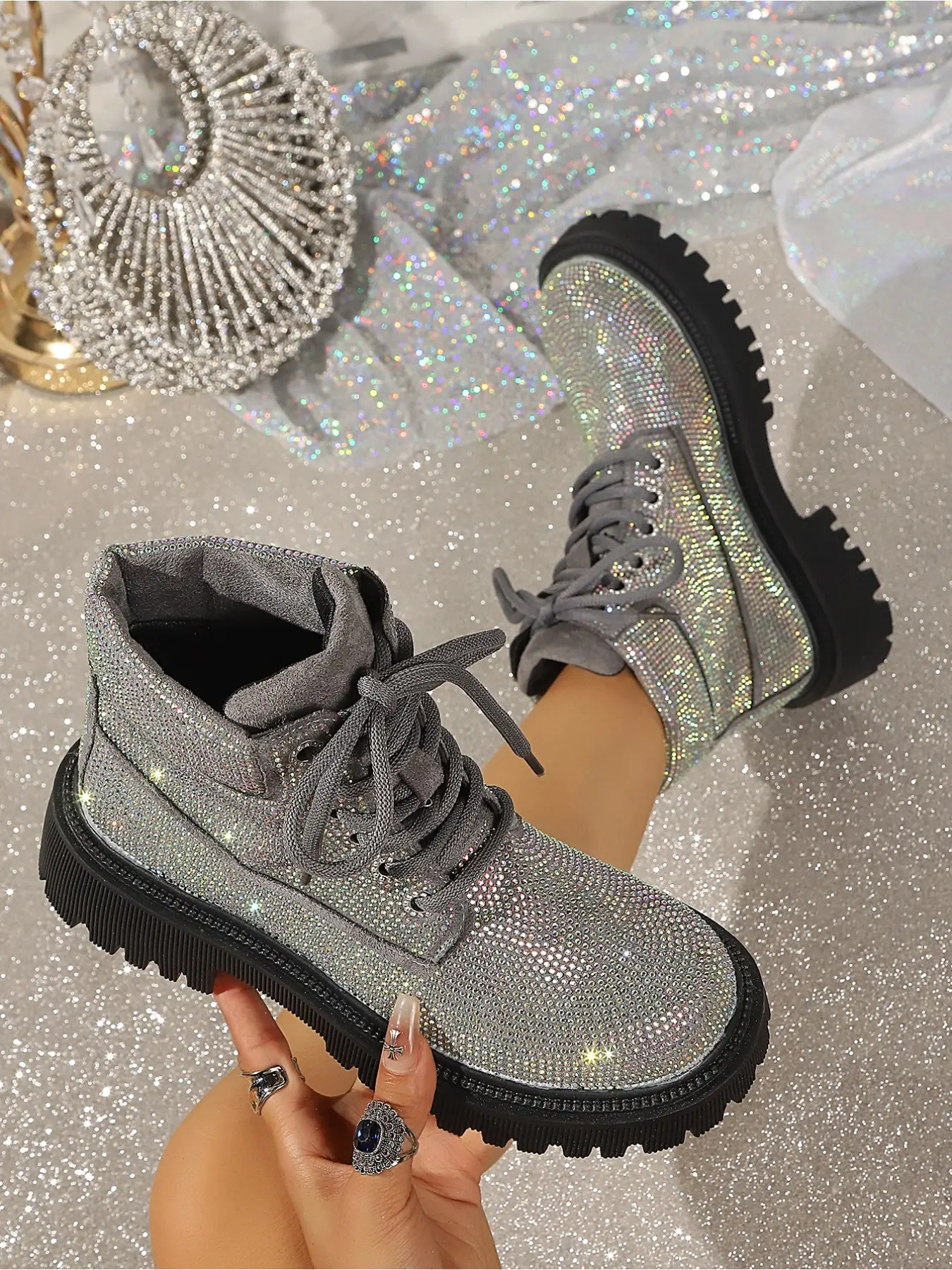 Women's Full Rhinestone Platform Combat Boots, Lace-Up Ankle Booties, Heavy Bling Diamond Chunky Heel Height Increasing British Style Work Boots
