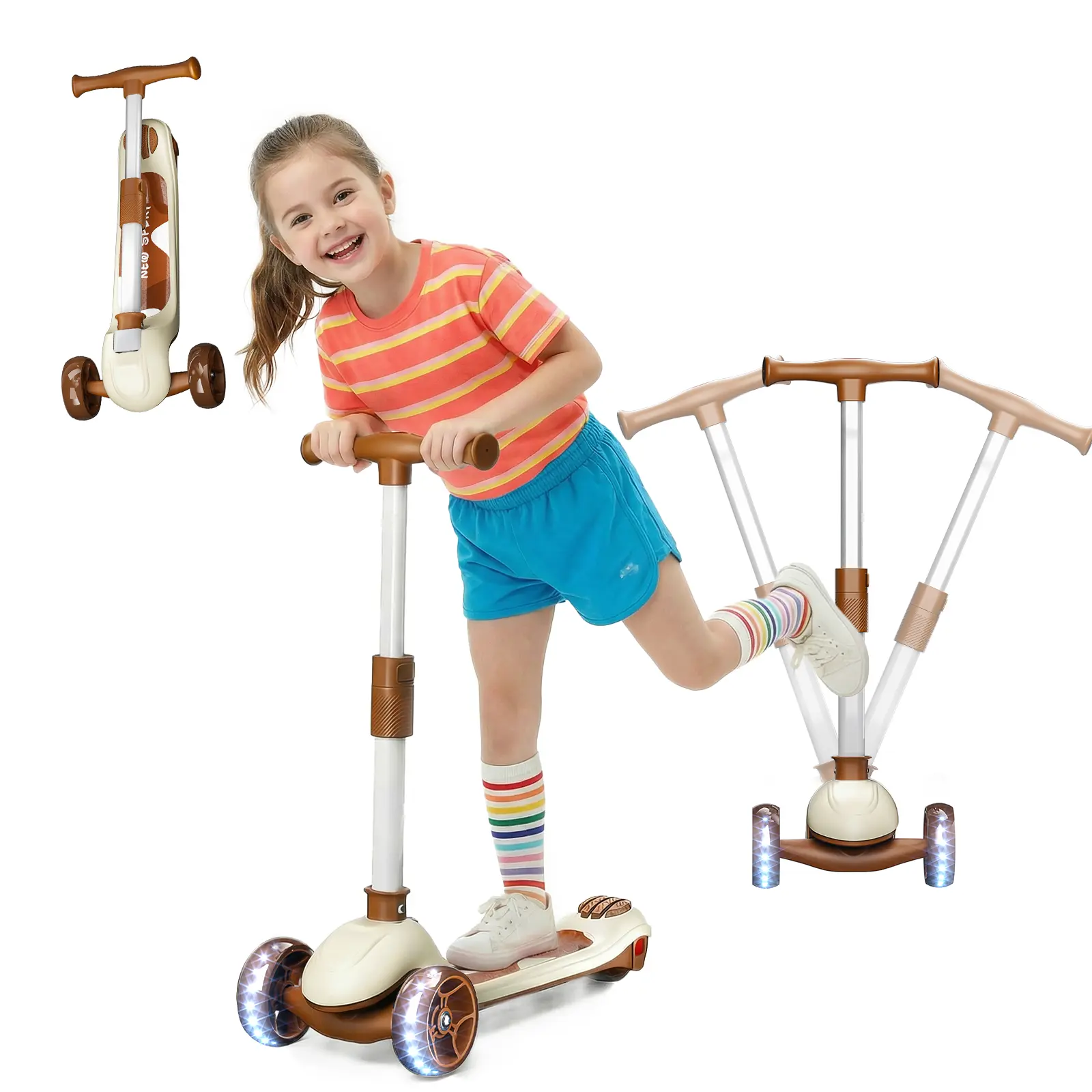 3-Wheel Kids Scooter with Removable Seat, 2-in-1 Foldable Design with LED Light-Up PU Wheels, Lean-to-Steer & Adjustable Handlebar for Ages 3-14, Scooters
