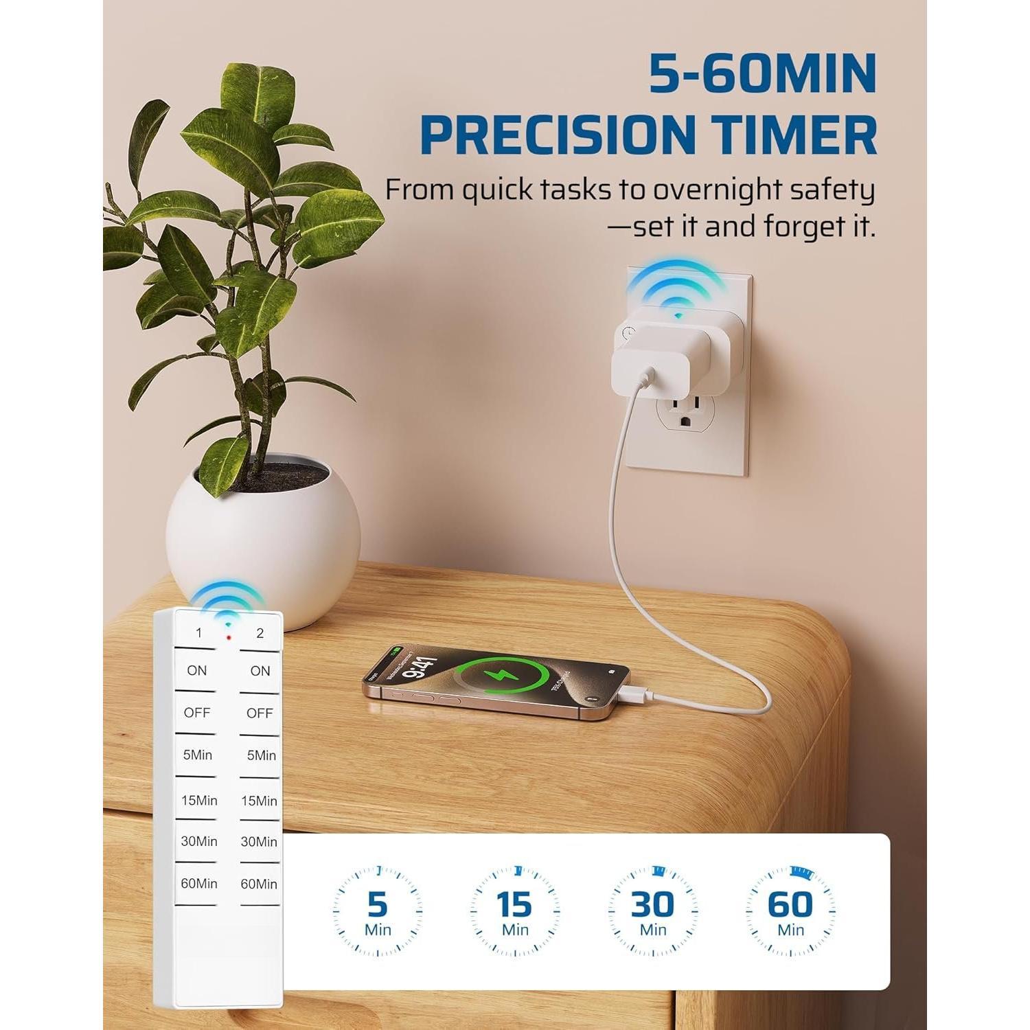 Remote Control Outlet with Timer, Indoor Remote Timer Outlet, No Wiring, 15A/1875W 100FT RF Range, Countdown  for Lamp, Fan, 1 Remote 2 Outlets