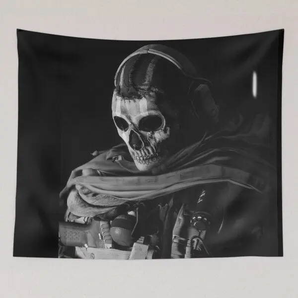 Ghost Tapestry – Black & White Simon Riley Gaming Wall Hanging, Tactical Military Skull Banner for College Dorm Decor, Gamer Guy Gift