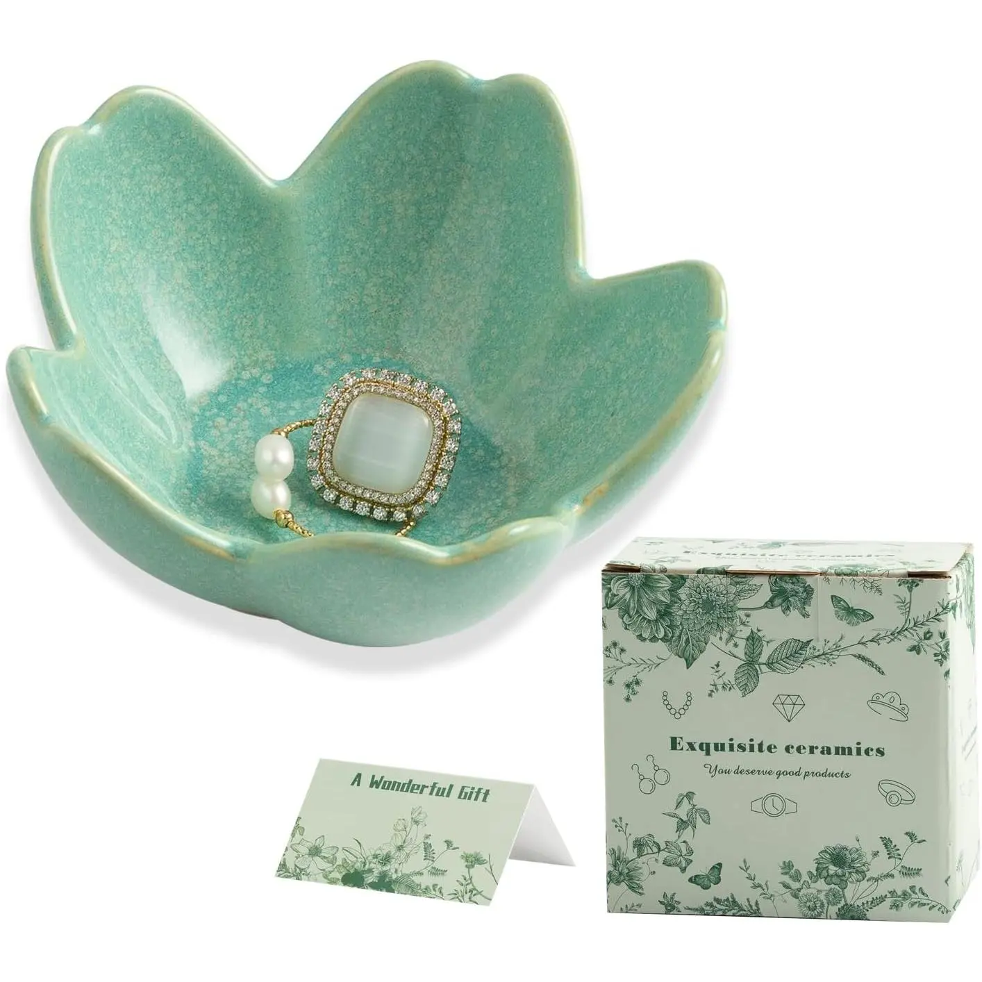 Flower Jewelry Tray Ceramic Ring Dish Jewelry Dish Small Trinket Tray Cute Ring Holder Key Bowl Decorative Plate Gifts For Mom/Sister/Friend, Birthday/Mother's Day/Christmas Gift (dark green)