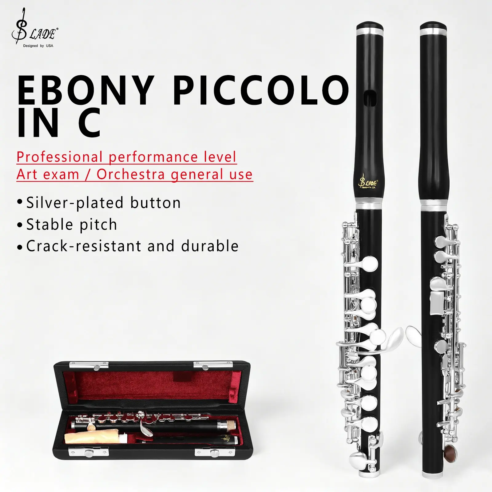 Slade C Flute, Solid Wood Ebony Body with Silver Color Keys, Includes Leather Case and Fabric Bag, Ideal for Beginners and Bands