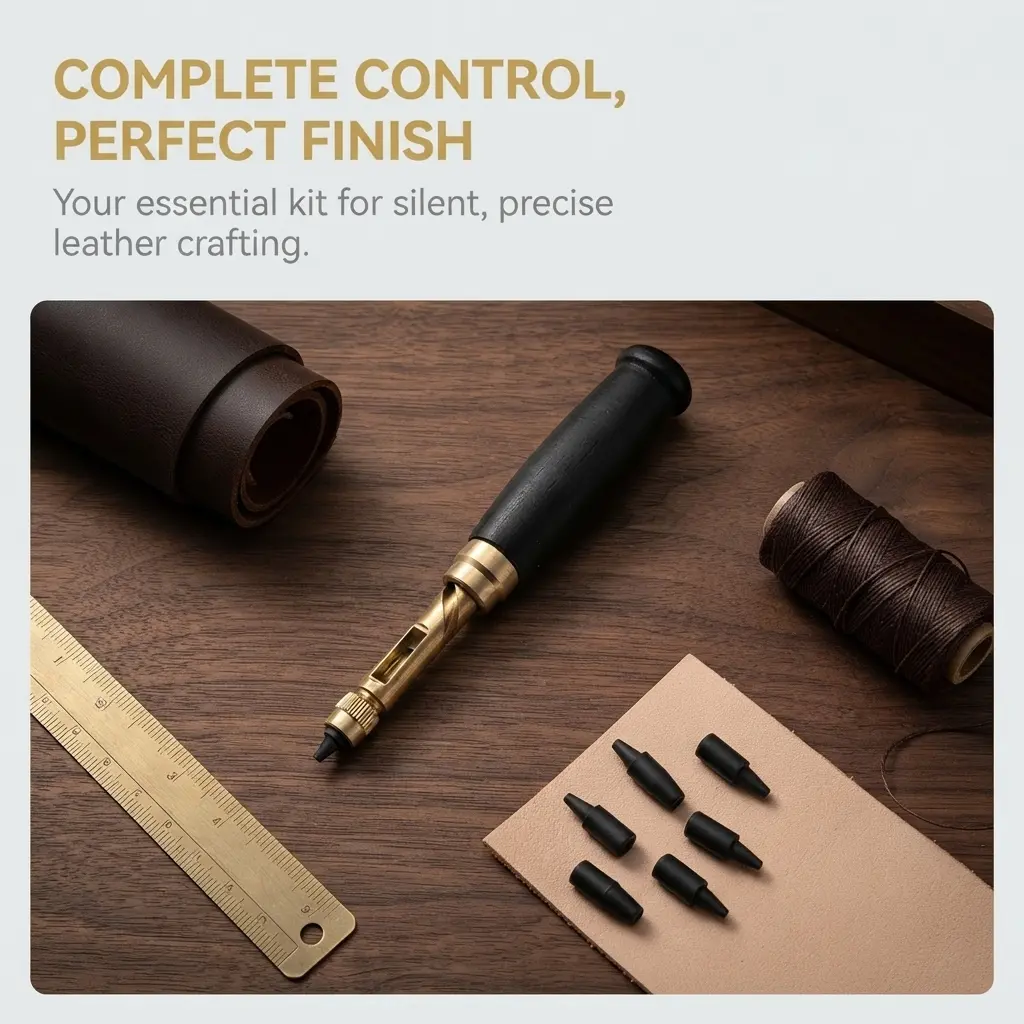 Leather hole puncher with wooden handle, automatic belt punch, interchangeable multi-head belt punch, DIY leather hole puncher, rotary punch