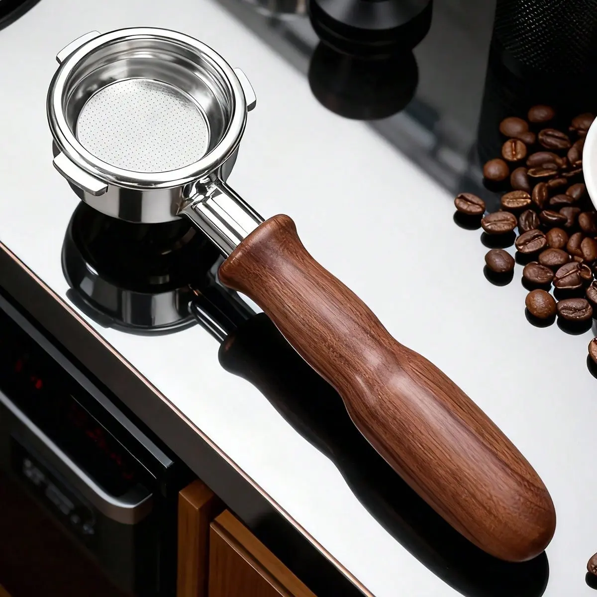 58mm Espresso Bottomless Portafilter with Solid Wood Handle, Stainless Steel, Compatible with Barsetto Bae01, Bae02, Calphalon Temp Iq