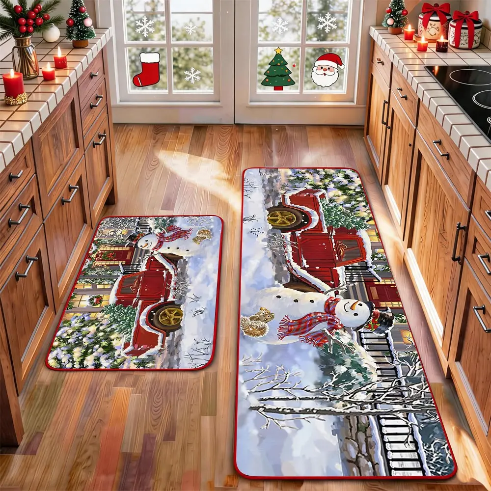 2-Piece Christmas Kitchen Mat Set,Snowman Wood Gingerbread Goblin Reindeer Christmas Tree Pattern Design, Washable Non-Slip Mats for Bathroom, Kitchen, Laundry Room, Hallway, Holiday Decor Gift，Christmas Spring Home Decor door mat