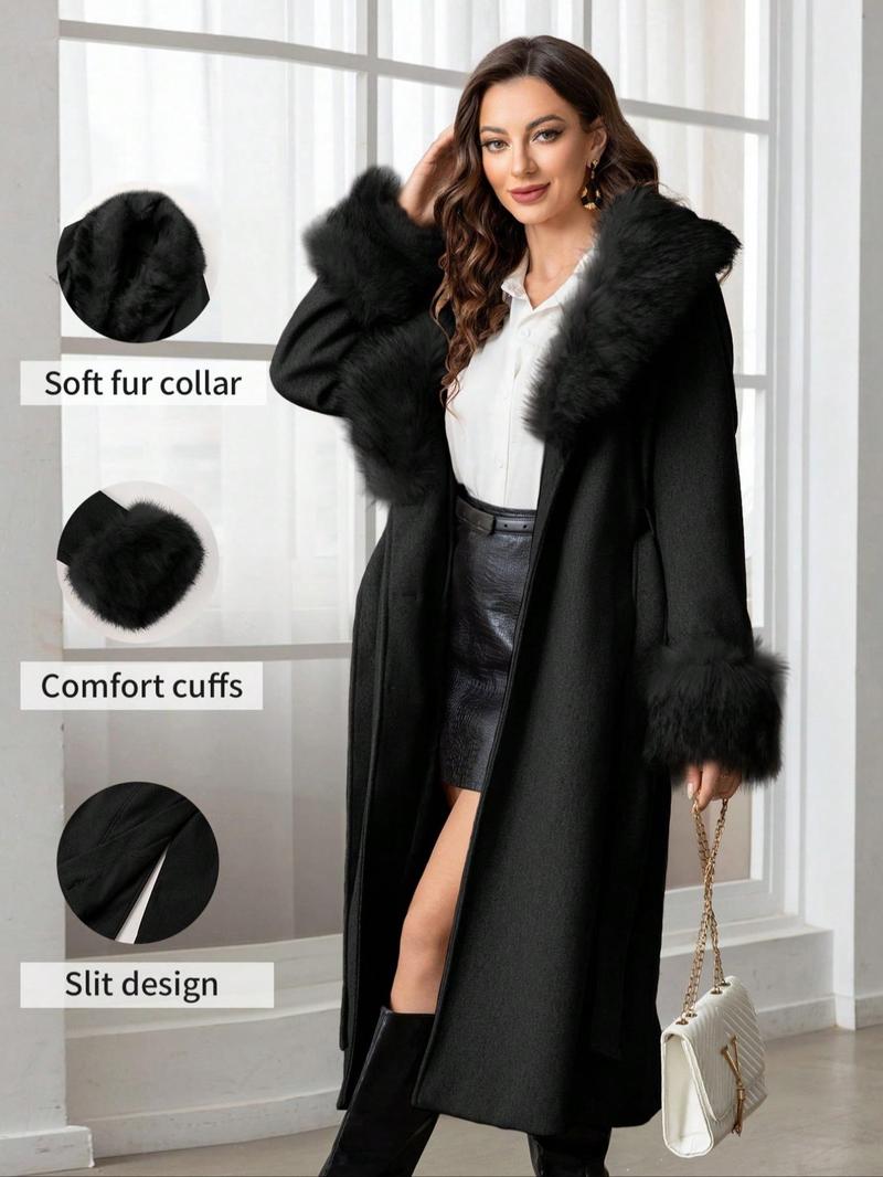 Women's Fall Winter Mid-Length Solid Color Coat, Warm Fitted Coat with Fur Collar, Waist Belt & Pockets, Casual Style