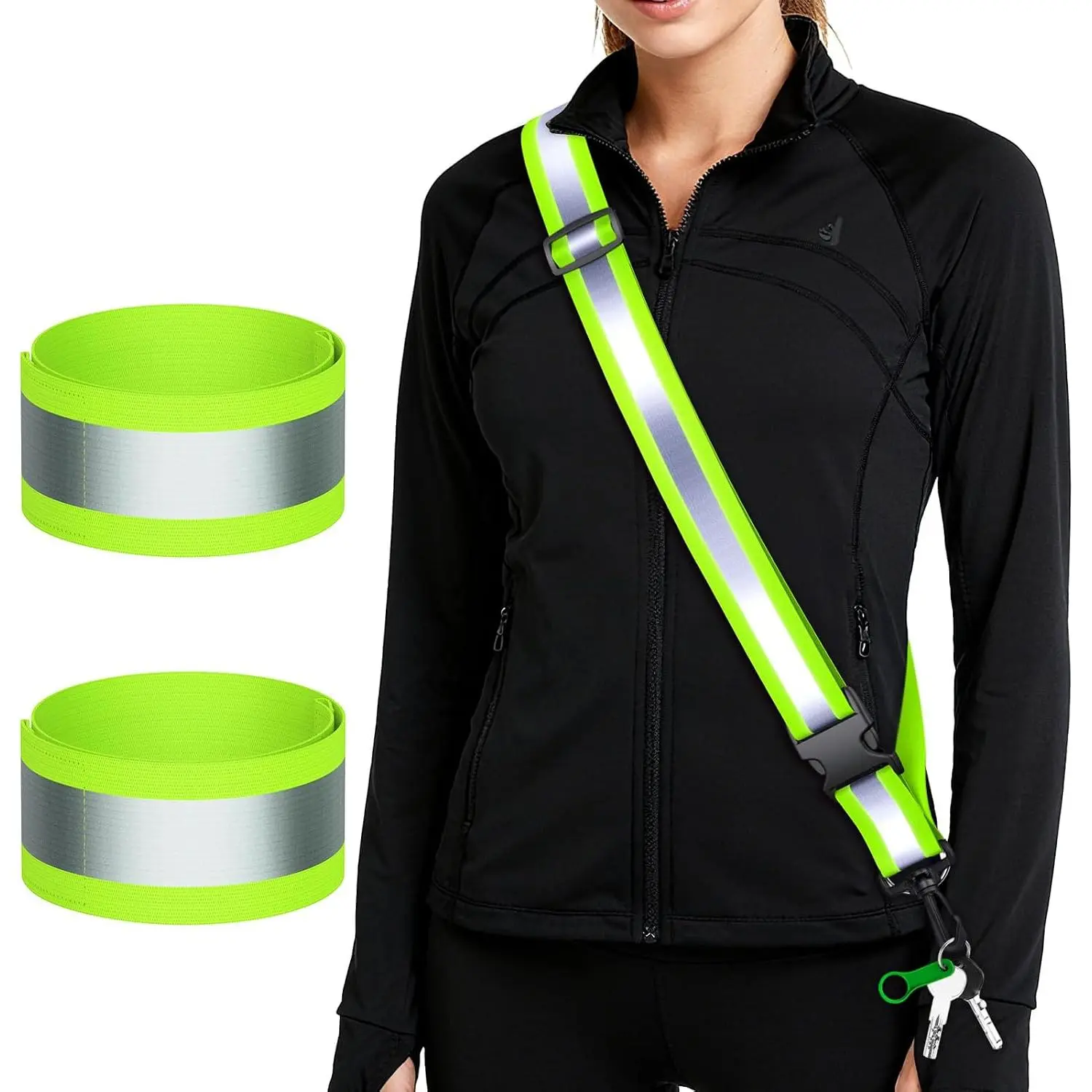Reflective Walking Gear at Night, High Visibility Safety Reflective Sash Belt and 2-Pack Armband Set, Night Running Safety Gear for Women Men