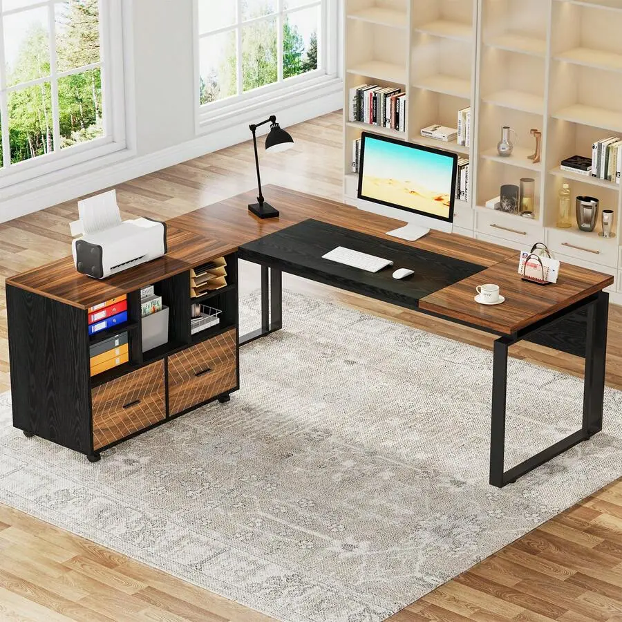 63" L-Shaped Executive Desk With Reversible File Cabinet, Large Office Desk With Storage Drawers, Computer Desk Set (Walnut & Black)