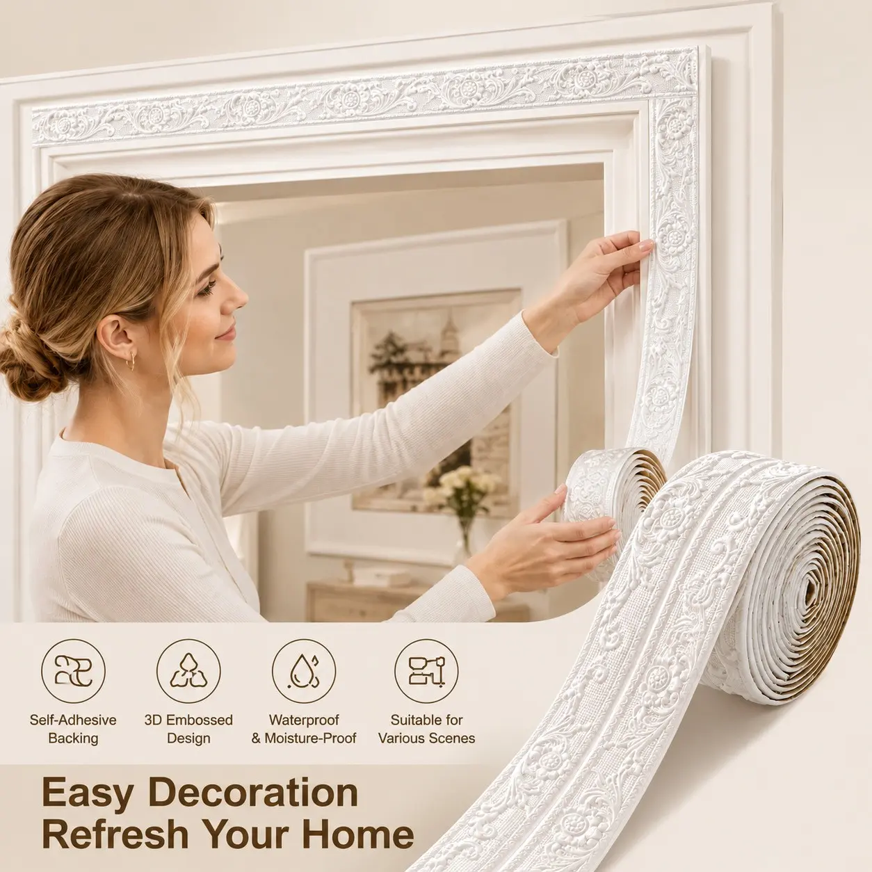 5 Rolls 3D Anti-Collision Floral Vine Embossed Border Wallpaper, Foam Wall Stickers for Home Living Room Bedroom Window Ceiling Protection, Floral Wallpaper Peel And Stick