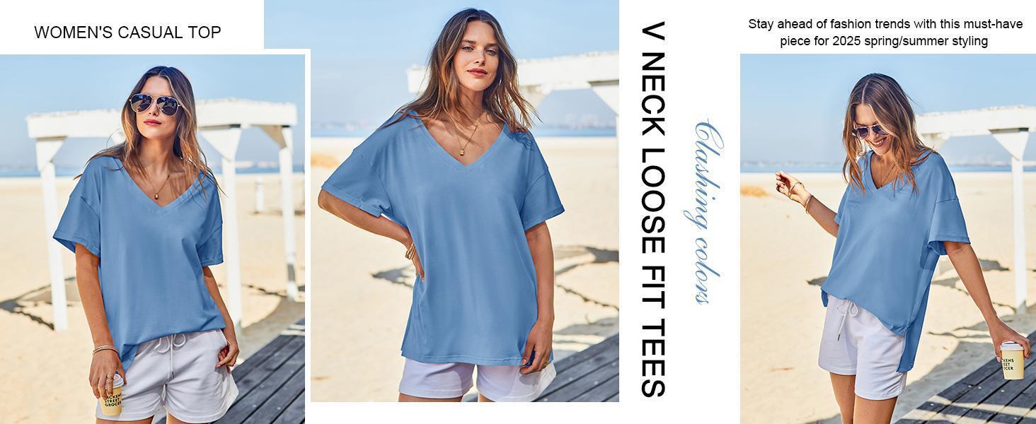 Imily Bela Womens Oversized Tshirts V Neck Short Sleeve Tops Summer Casual Loose Fit Tunic Tee Shirts