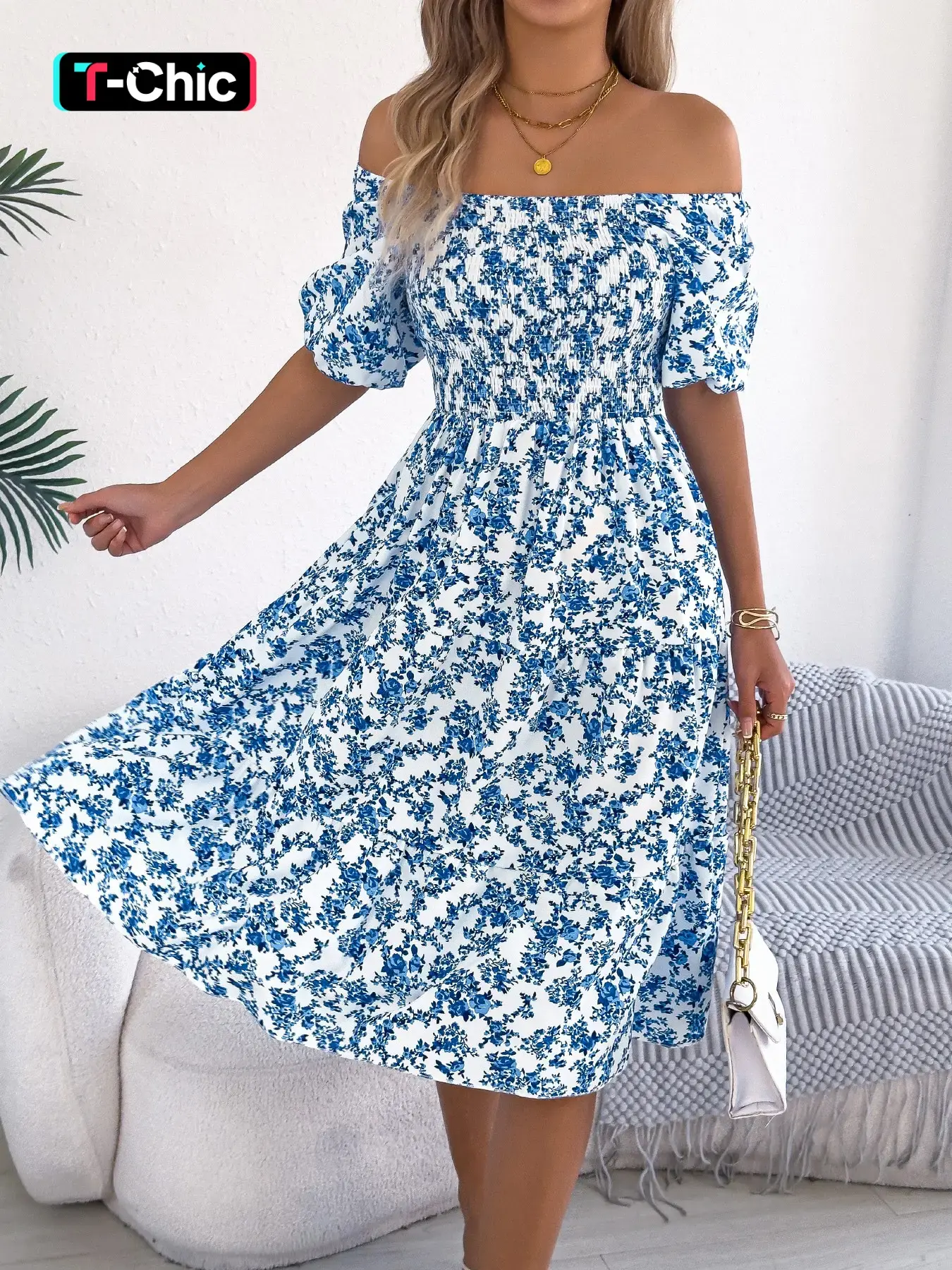 Spring Summer Casual Boho Vacation Women's Dress Feminine Fit Short Sleeve Square Neck Ditsy Floral Ruffle Hem, Stylish Ladies' Fashion Clothing Womenswear, Bohemian Romantic Dress, Blue Color, Bohemian Style Dresses