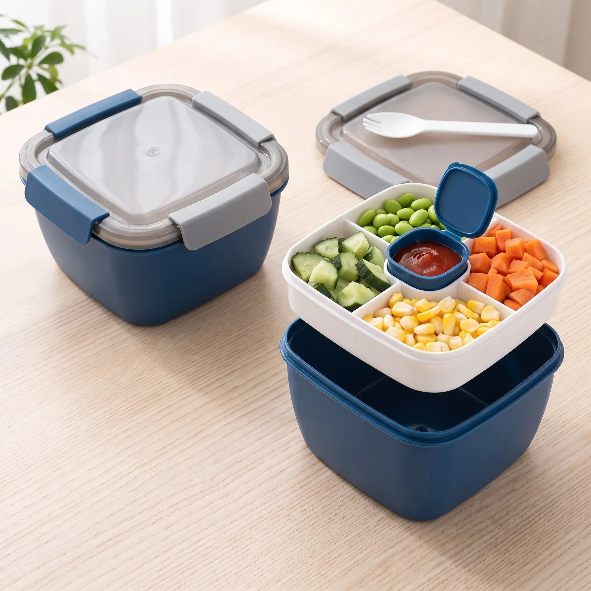 1 Piece Double Layer Lunch Box With Fork, Portable Multi-grid Lunch Box For Kids And Adults