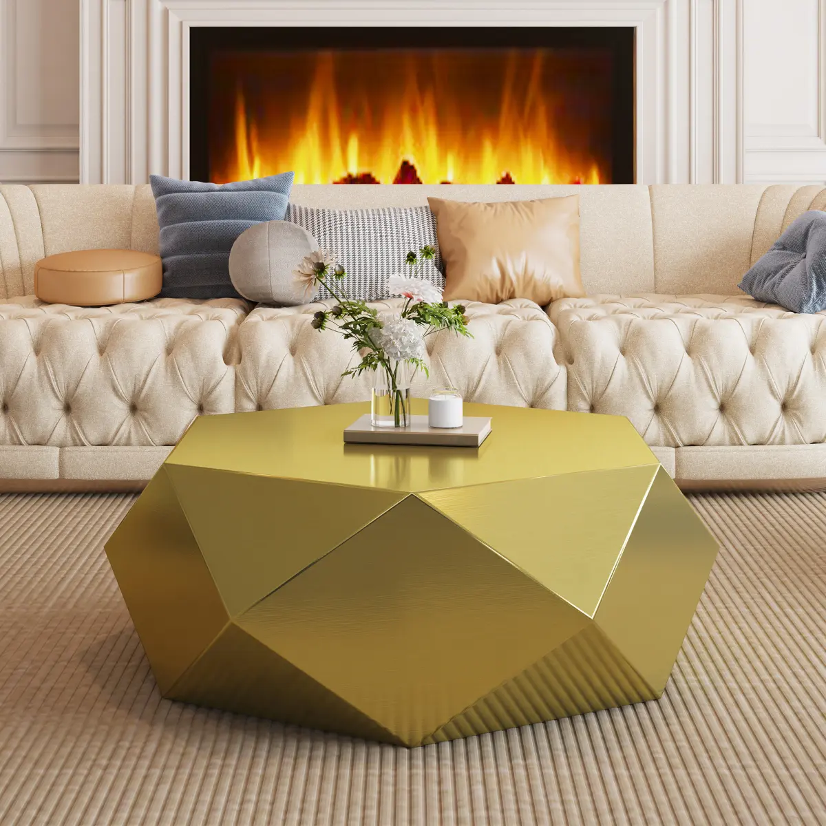 Indoor Living Room Stainless Steel Coffee Table - Hexagon, Geometric Shape, Diamond Facets, Full-Body Grid, 1-Piece Frame, No Assembly Required End Table