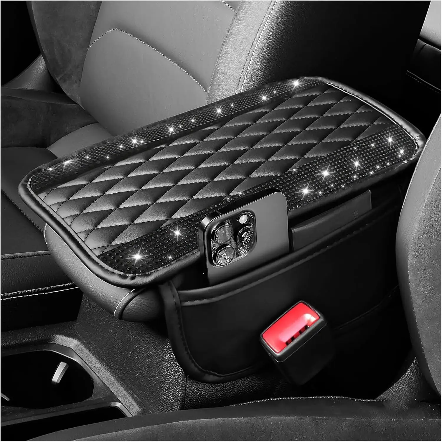 Center Console Cover with  Grid Design,Bling Armrest Cover Cushion with 2 Storage Bags,Soft Leather Arm Rest Cover for  Interior Accessories (Black + Black)