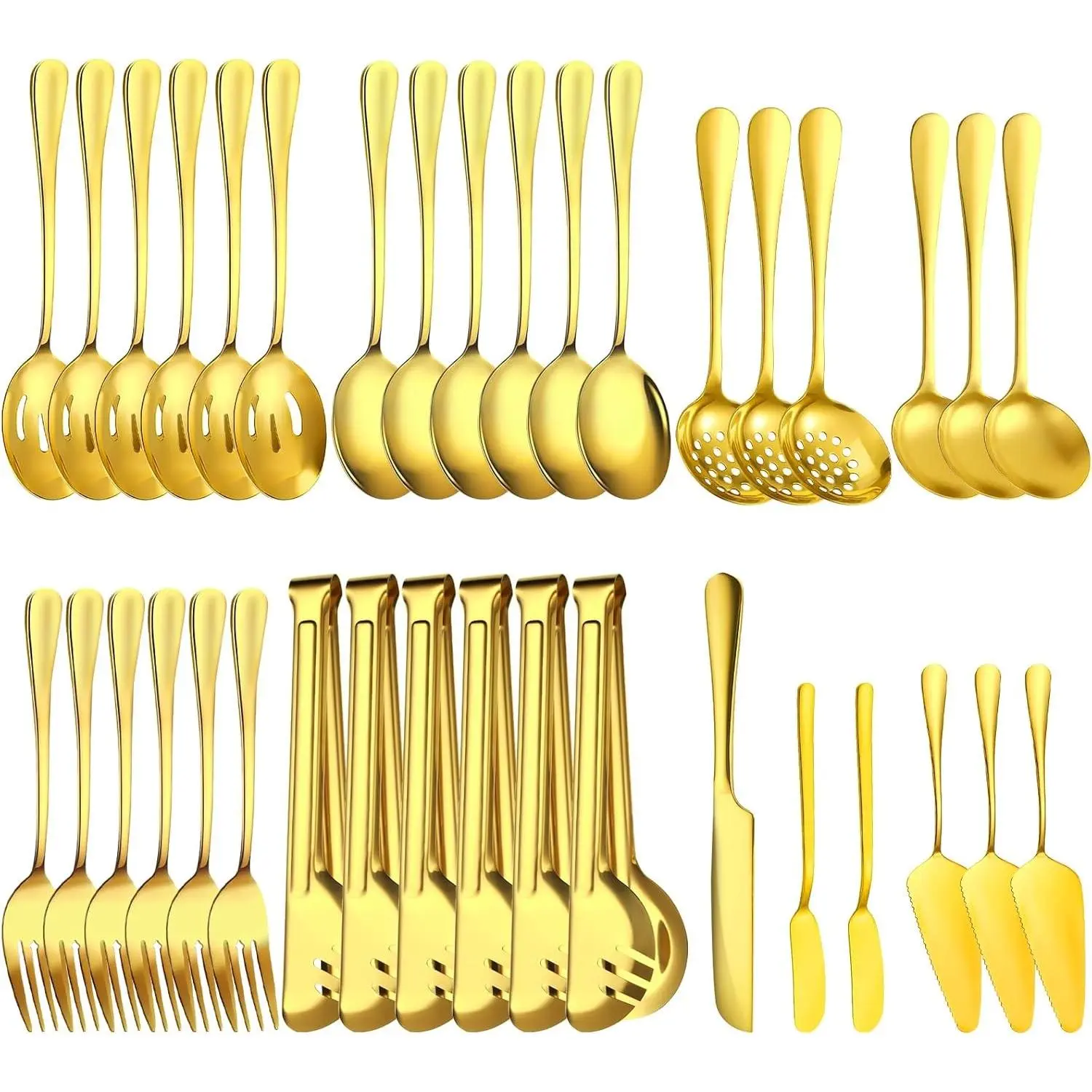36-Piece Gold Stainless Steel Cutlery Set - Buffet Set with Serving Spoons, Tongs, Forks, Ladle, Dishwasher Safe Tableware for Wedding Party Table, Catering