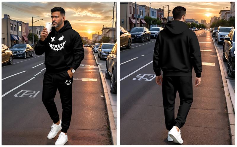 Men's Evil Smiley Face Pattern Hoodie and Drawstring Sweatpants Set, Casual Sports Long-Sleeved Hoodie and Pants, Suitable for Autumn and Winter, Street Style Hoodie Set, Men's Everyday Wear, Indoor and Outdoor Sportswear, Sports Set